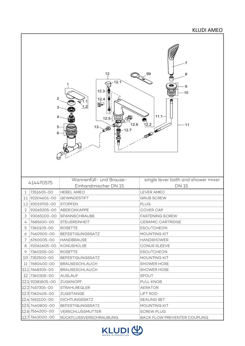 Schematische Darstellung eines Kludi-AMEO-Fittings für einen Wannenfüll- und Brause-Einhandmischer, inklusive aufgelisteter Einzelteile und Bezeichnungen.